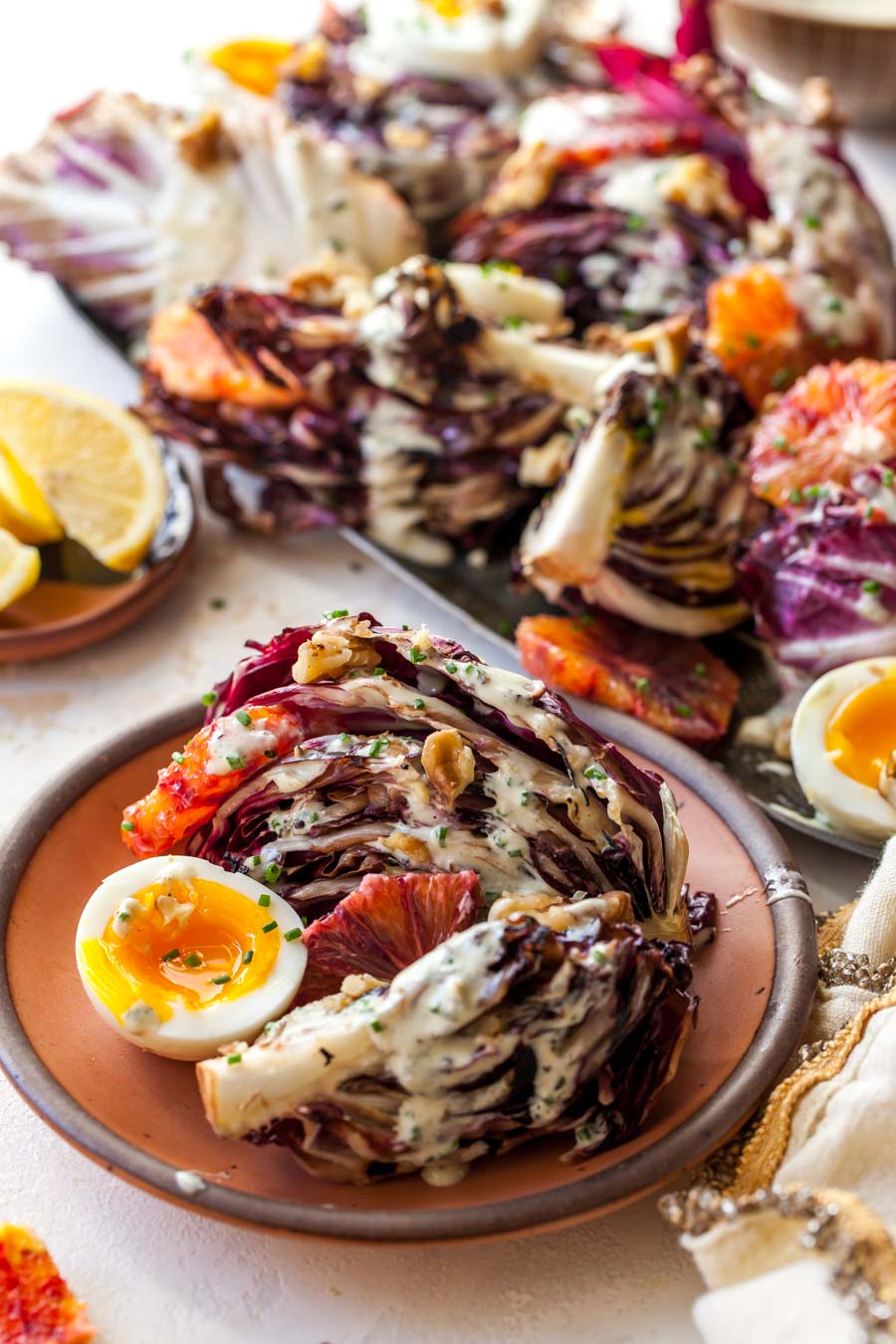Radicchio Salad with Miso Dressing, Eggs, Citrus, and Walnuts