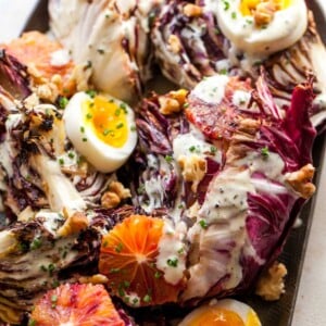 Grilled Salad with Jammy Eggs, Walnuts, and Creamy Walnut Dressing