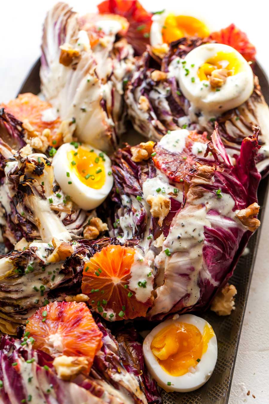 Grilled Salad with Jammy Eggs, Walnuts, and Creamy Walnut Dressing
