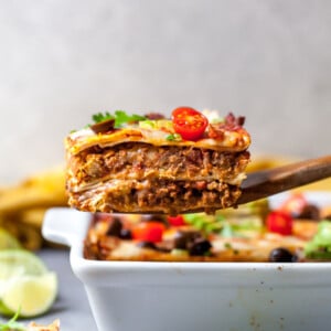 Vegetarian Mexican Casserole with Walnut Chorizo, Cheese, and Tortillas