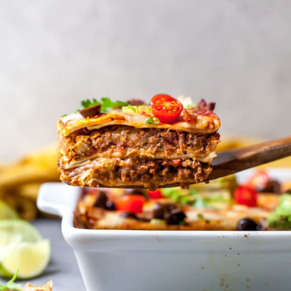 Vegetarian Mexican Casserole with Walnut Chorizo, Cheese, and Tortillas