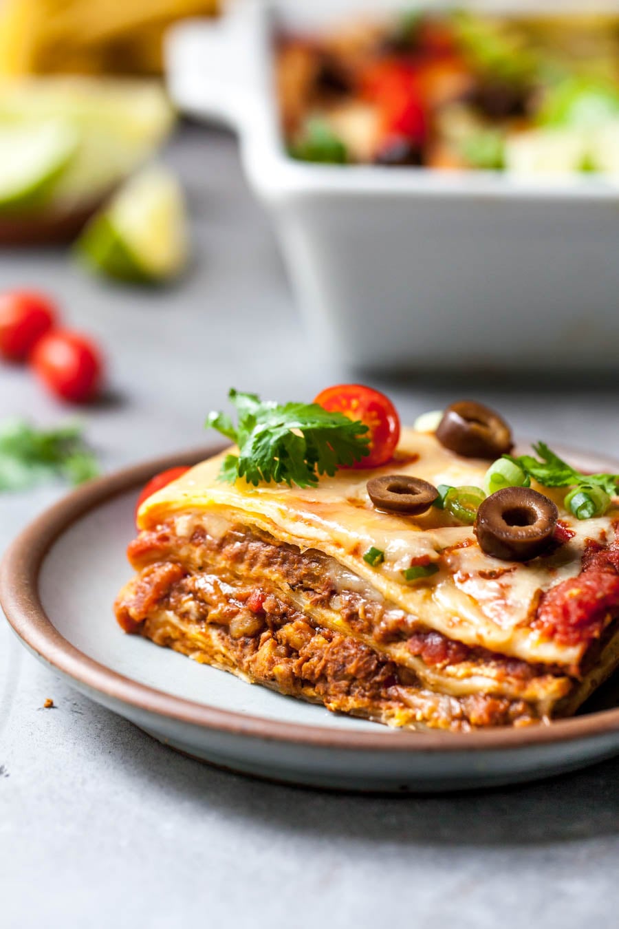 Layered Mexican Lasagna with Vegan Chorizo and Toppings