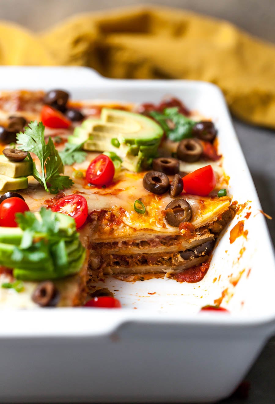 Mexican Casserole with Salsa, Cheese, Plant-Based Chorizo, and Toppings