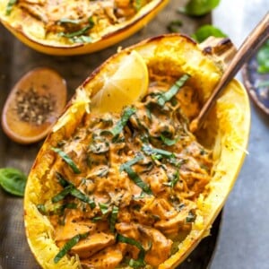 Stuffed Spaghetti Squash with Vegan Vodka Sauce, Mushrooms, and Spinach