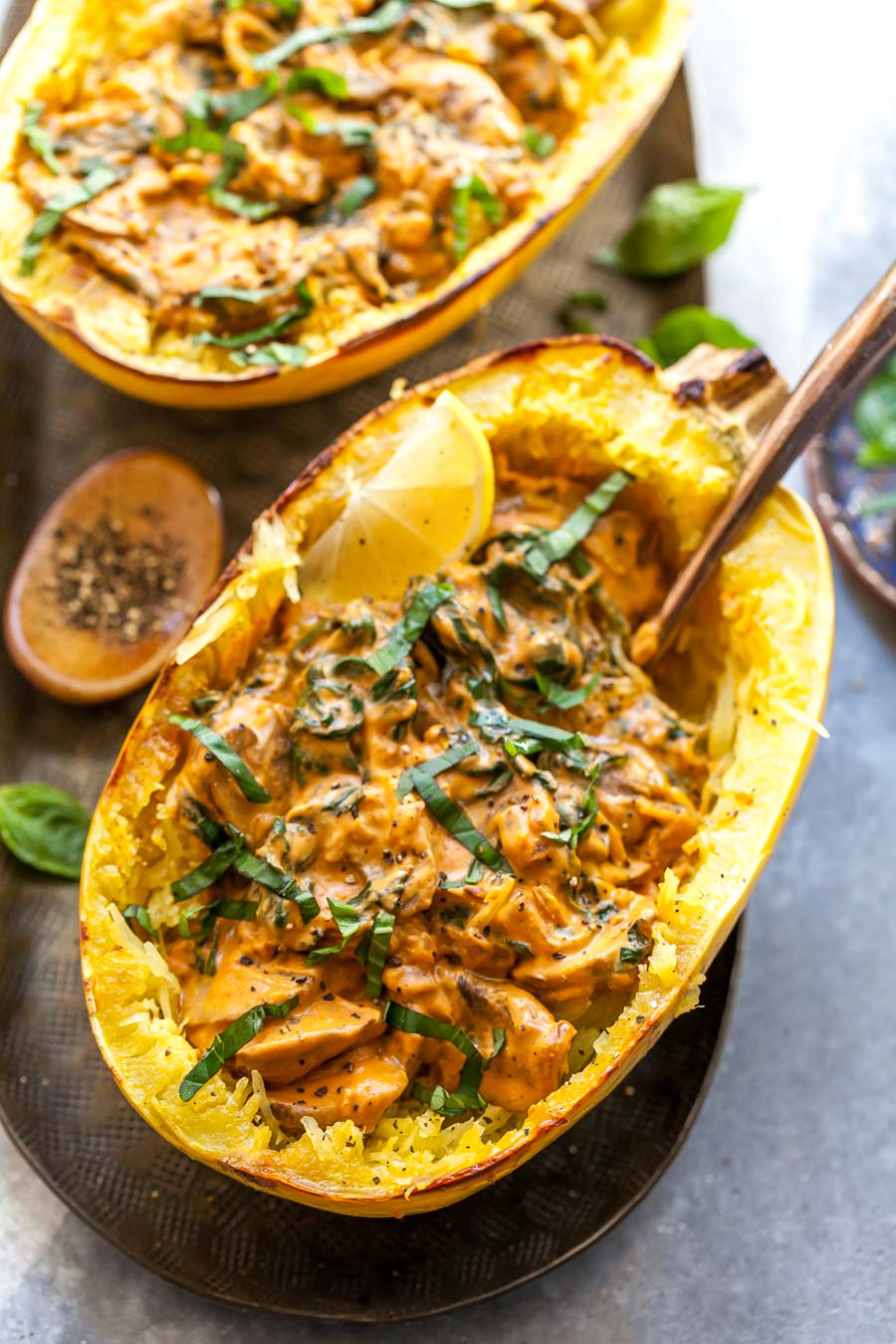 Stuffed Spaghetti Squash with Vegan Vodka Sauce, Mushrooms, and Spinach