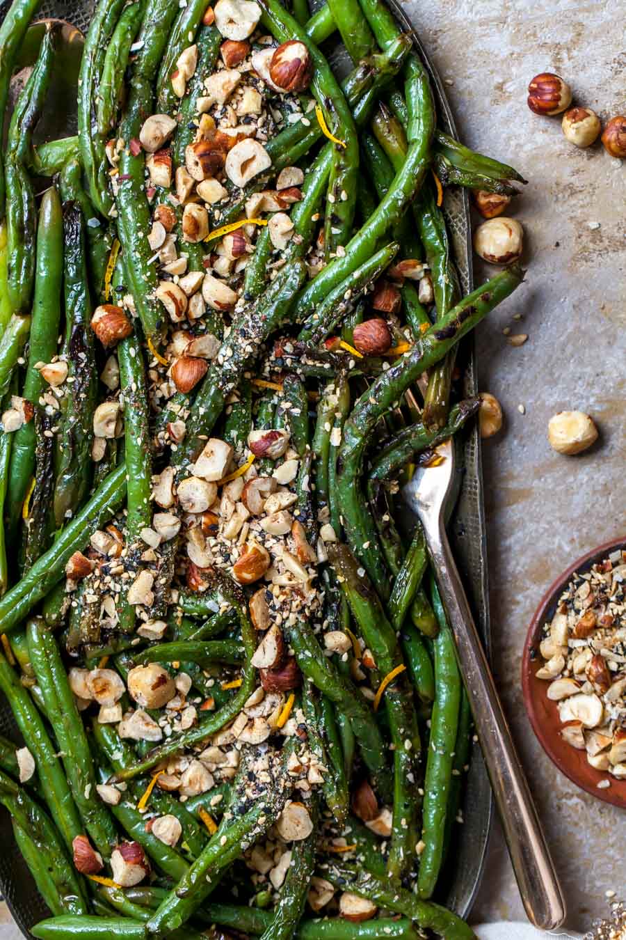 Green Beans with Browned Butter on a Platter with Crunchy Dukkah
