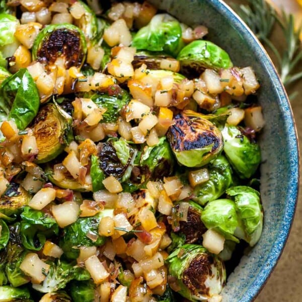 Easy Side Dish of Sauteed Sprouts with Pear-Balsamic Chutney and Rosemary