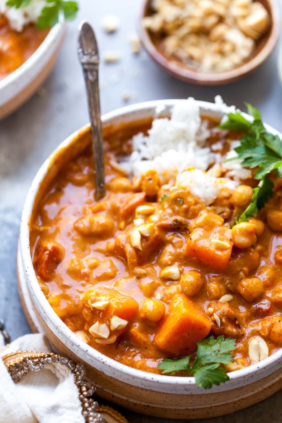 One Pot West-African Inspired Peanut Stew Served with Rice