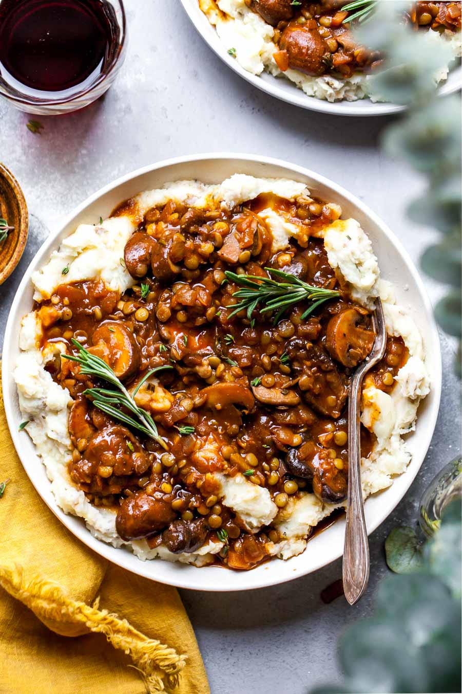 Stewed Lentil and Mushroom Gravy Over Parsnip and Potato Mash