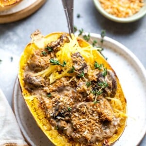 Stuffed Spaghetti Squash with Mushroom Stroganoff Sauce