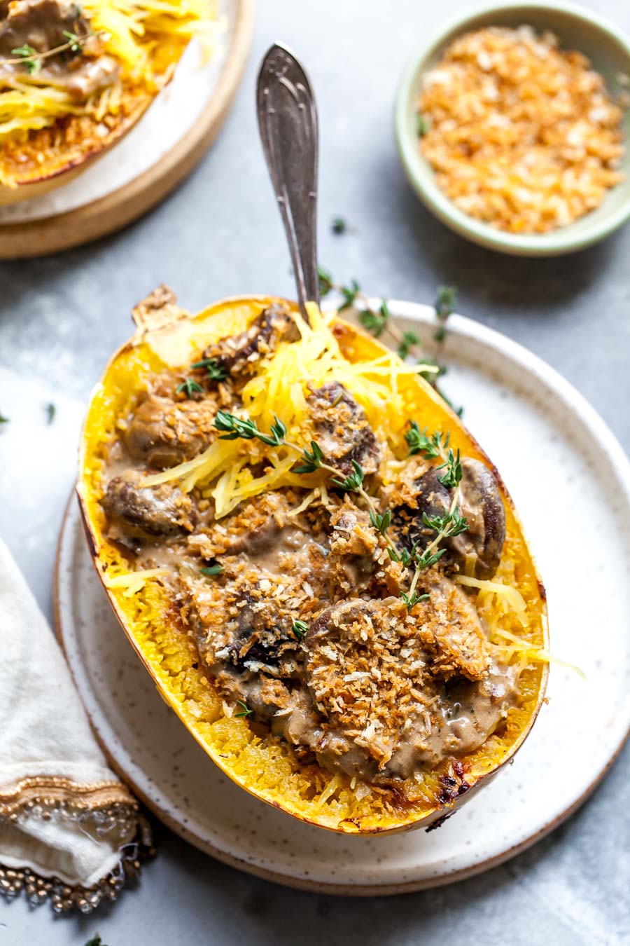 Stuffed Spaghetti Squash with Mushroom Stroganoff Sauce