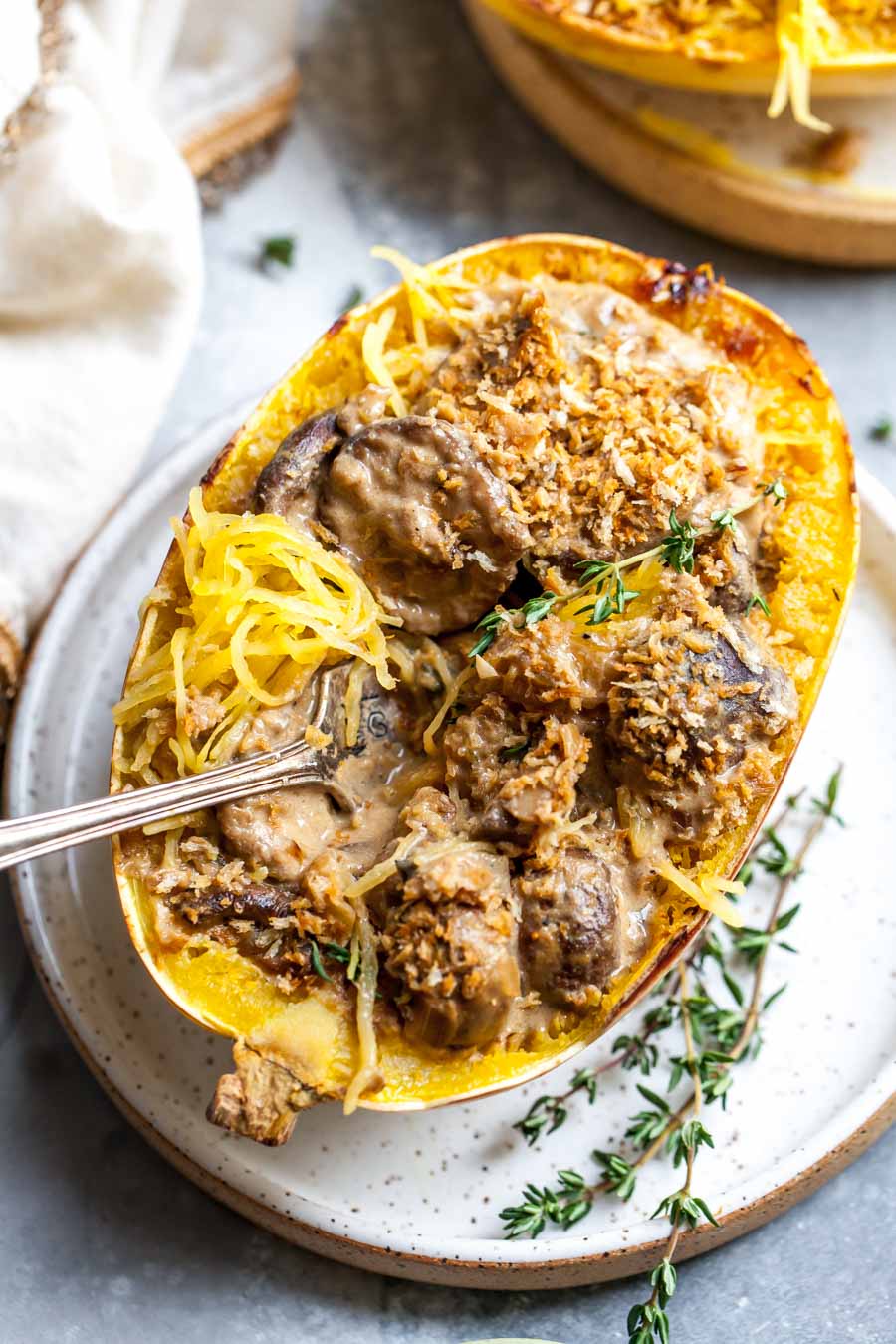 Spaghetti Squash with Savory Mushroom Stroganoff Sauce (Low Carb, Vegetarian)