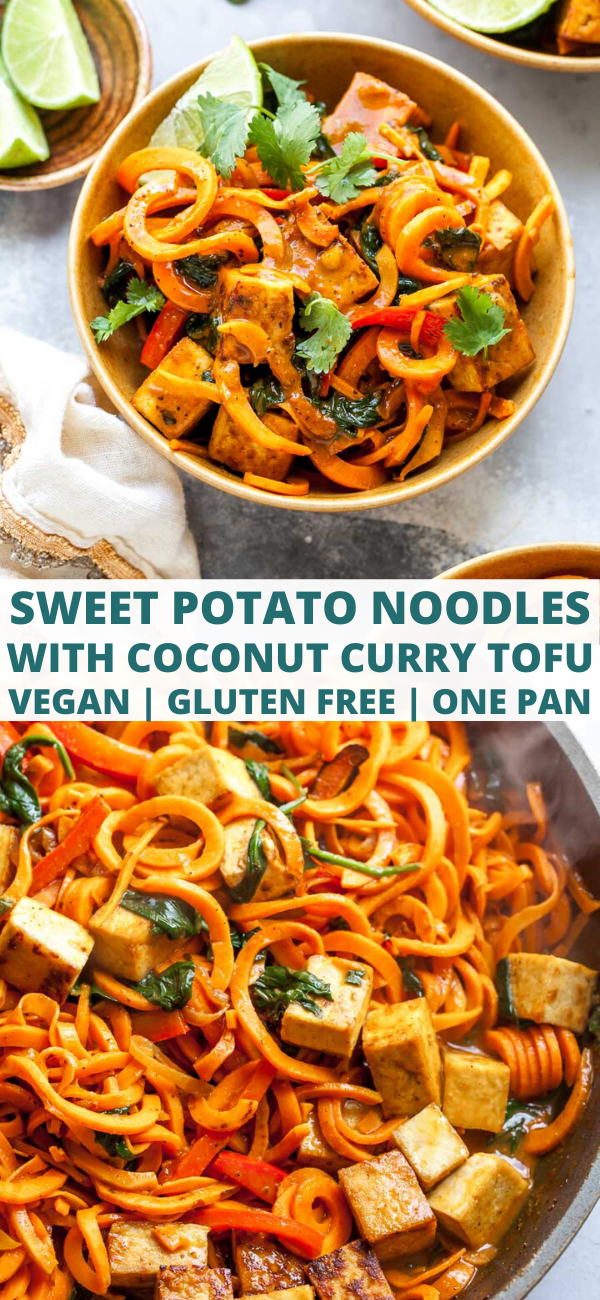 Spiralized Sweet Potato Noodles with Crispy Tofu and Thai Coconut Curry Sauce (Vegan, Gluten Free, One Pan)