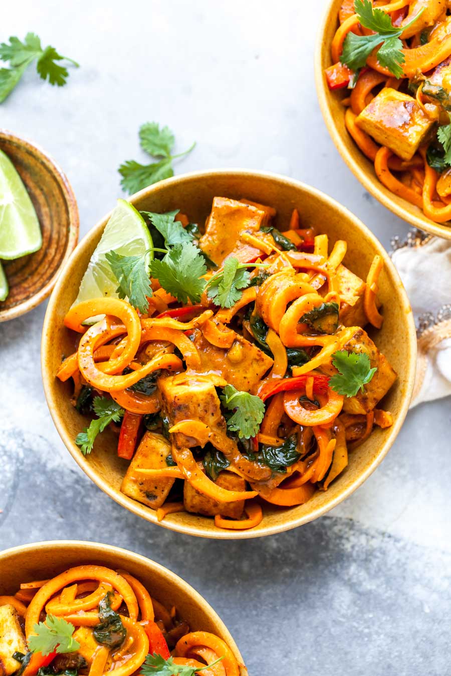Crispy Tofu with Thai Coconut Curry Sauce over Sweet Potato Noodles