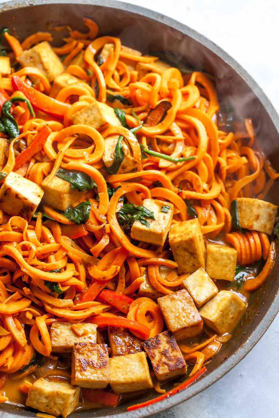 Sweet Potato Noodles with Crispy Tofu and Coconut Curry Sauce