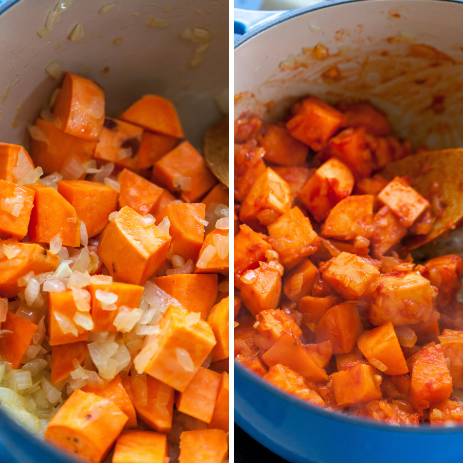 Sweet Potatoes, Aromatics, and Tomato Paste Sautéed for Stew