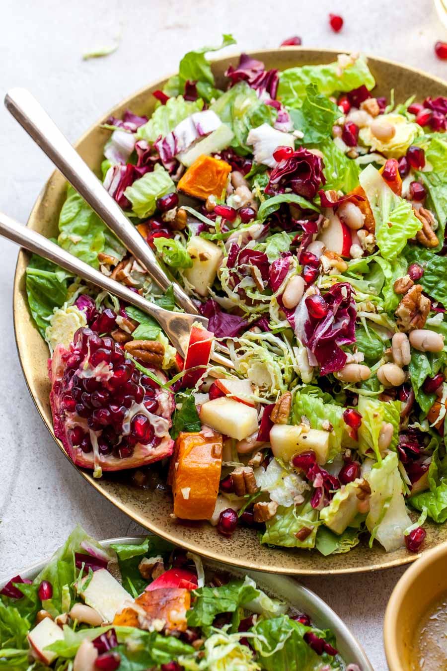 Romaine and Radicchio Salad with Roasted Sweet Potatoes, Apple, and White Balsamic Dressing