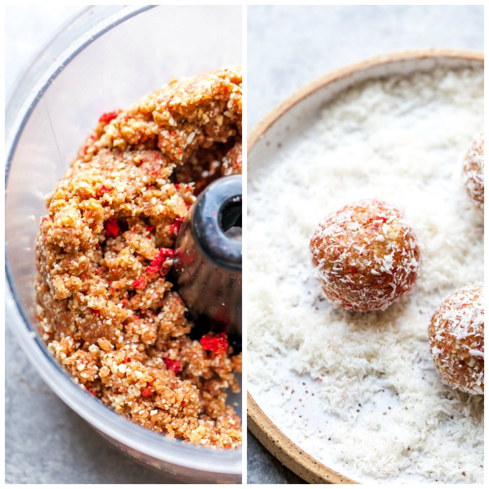 In-Process Shots of Strawberries and Cream Energy Balls