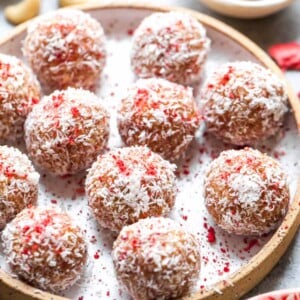 Strawberries and Cream Energy Balls Rolled in Coconut (Vegan, Paleo, and Refined Sugar-Free)