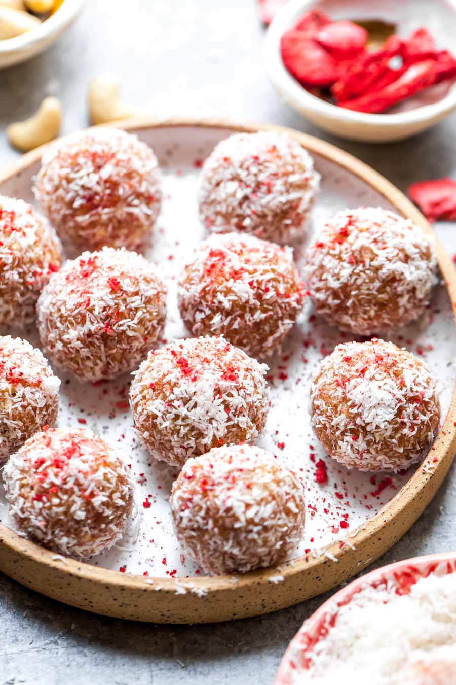 Strawberries and Cream Energy Balls Rolled in Coconut (Vegan, Paleo, and Refined Sugar-Free)
