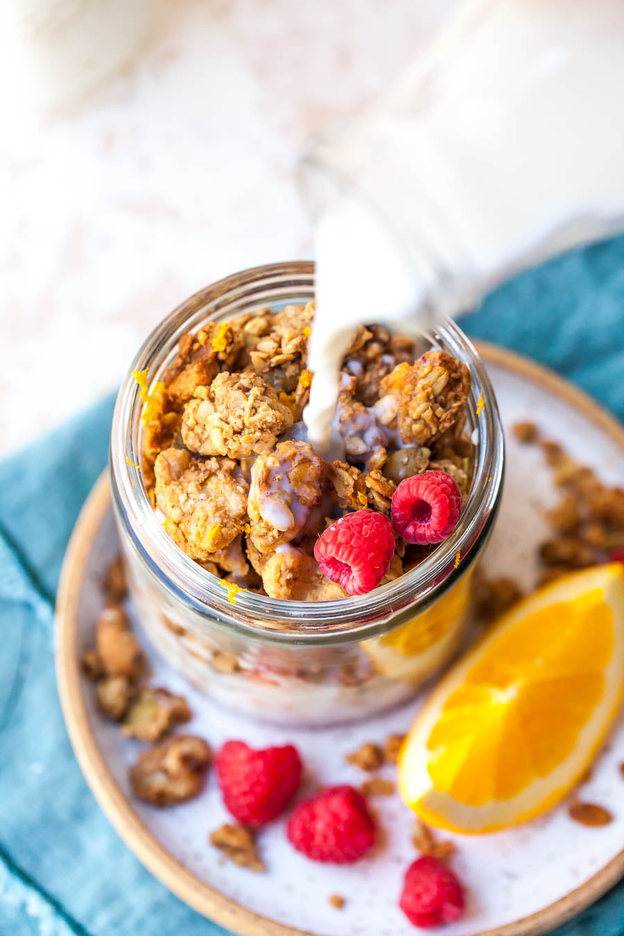 Healthy granola with milk as a snack