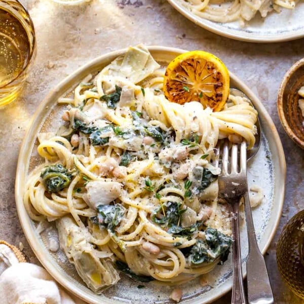 Vegetarian Spinach Artichoke Pasta with White Beans and Lemon-Parmesan Sauce