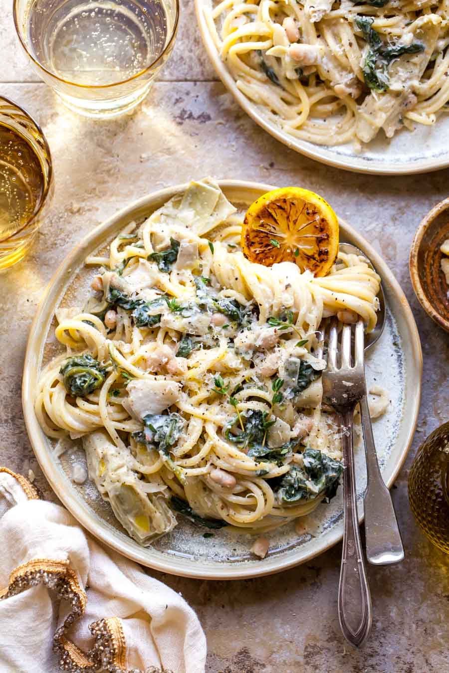 Vegetarian Spinach Artichoke Pasta with White Beans and Lemon-Parmesan Sauce