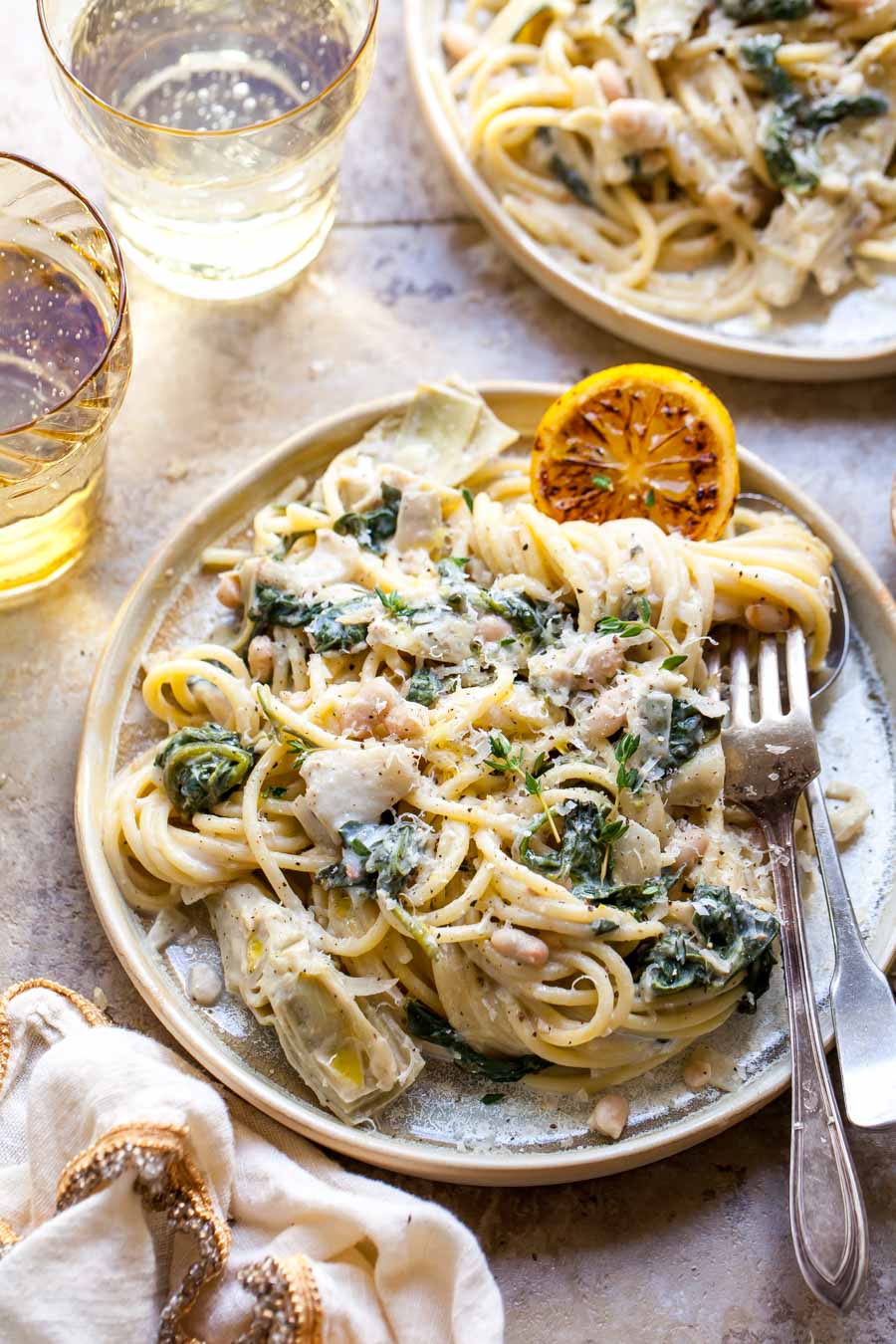 Creamy Spaghetti with Spinach, Artichokes, and Lemony Parmesan Sauce