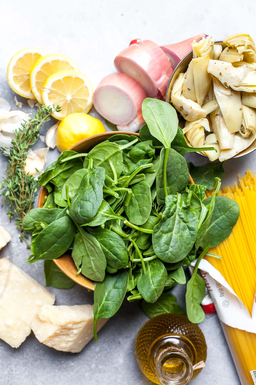 Ingredients to Make Vegetarian Spinach-Artichoke Pasta