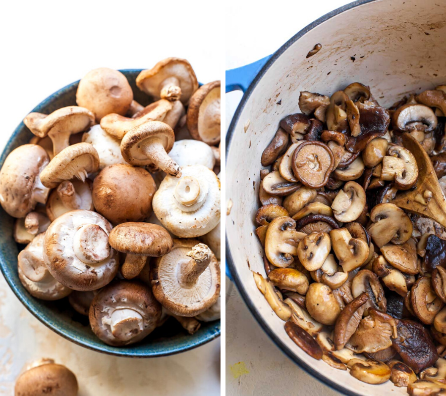 Mixed Mushrooms (White Button, Baby Bella, and Shiitake) being sauteed