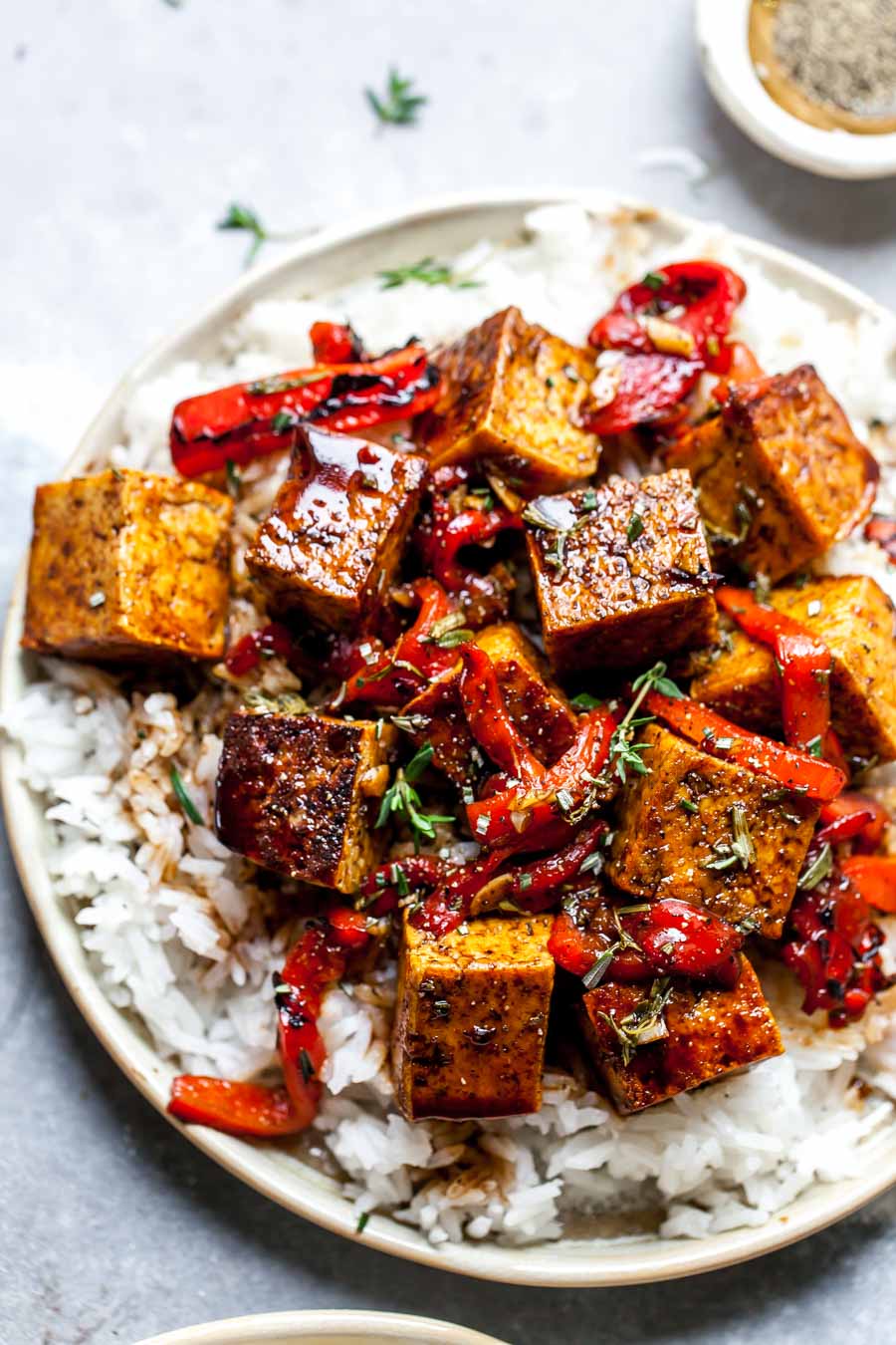 Balsamic-Glazed Tofu with Roasted Red Peppers and Jasmine Rice