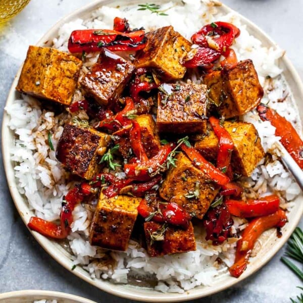 Balsamic-Marinated Tofu with Roasted Red Peppers and Rice