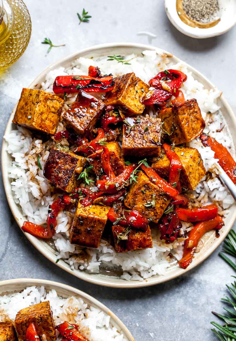 Balsamic-Marinated Tofu with Roasted Red Peppers and Rice
