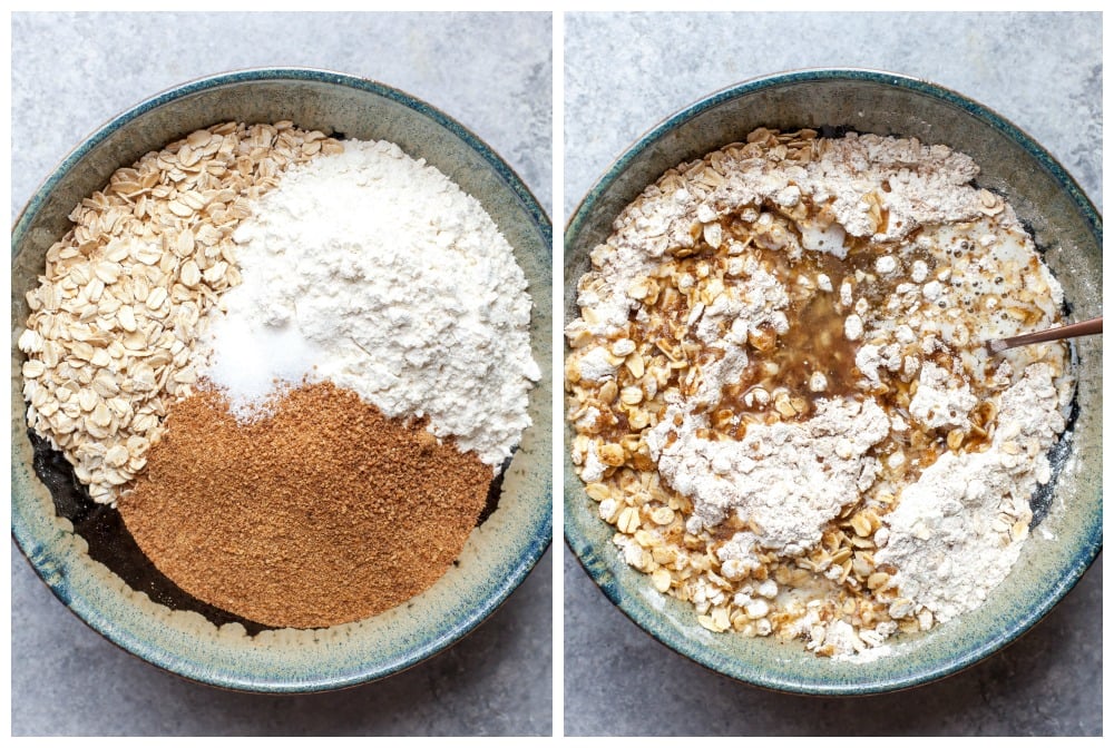 Oat crumble mixture being mixed in a blue bowl