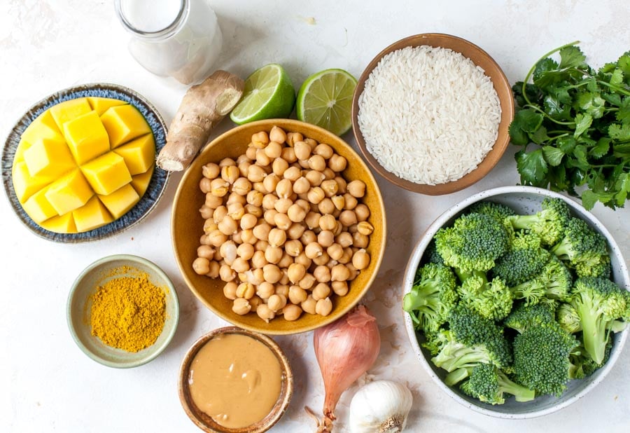 Ingredient layout for coconut chickpea curry