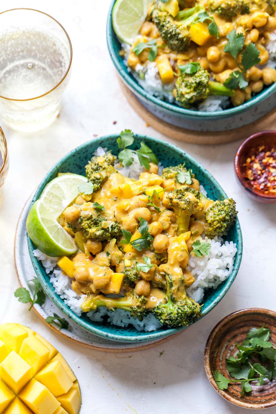 Bowl of broccoli and chickpea curry over rice