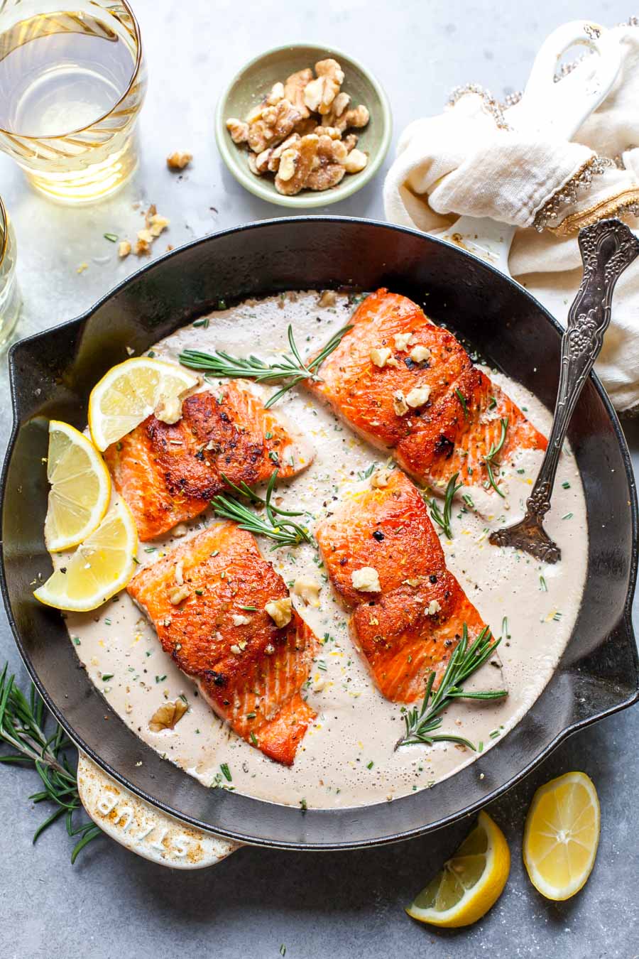 Skillet Salmon with Walnut Cream Sauce