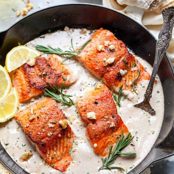 Crispy Salmon with Creamy Walnut-Rosemary Sauce