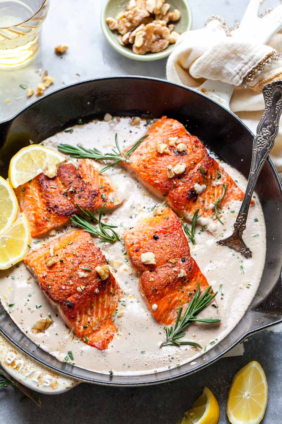 Pan-Seared Salmon with Creamy Walnut-Rosemary Sauce