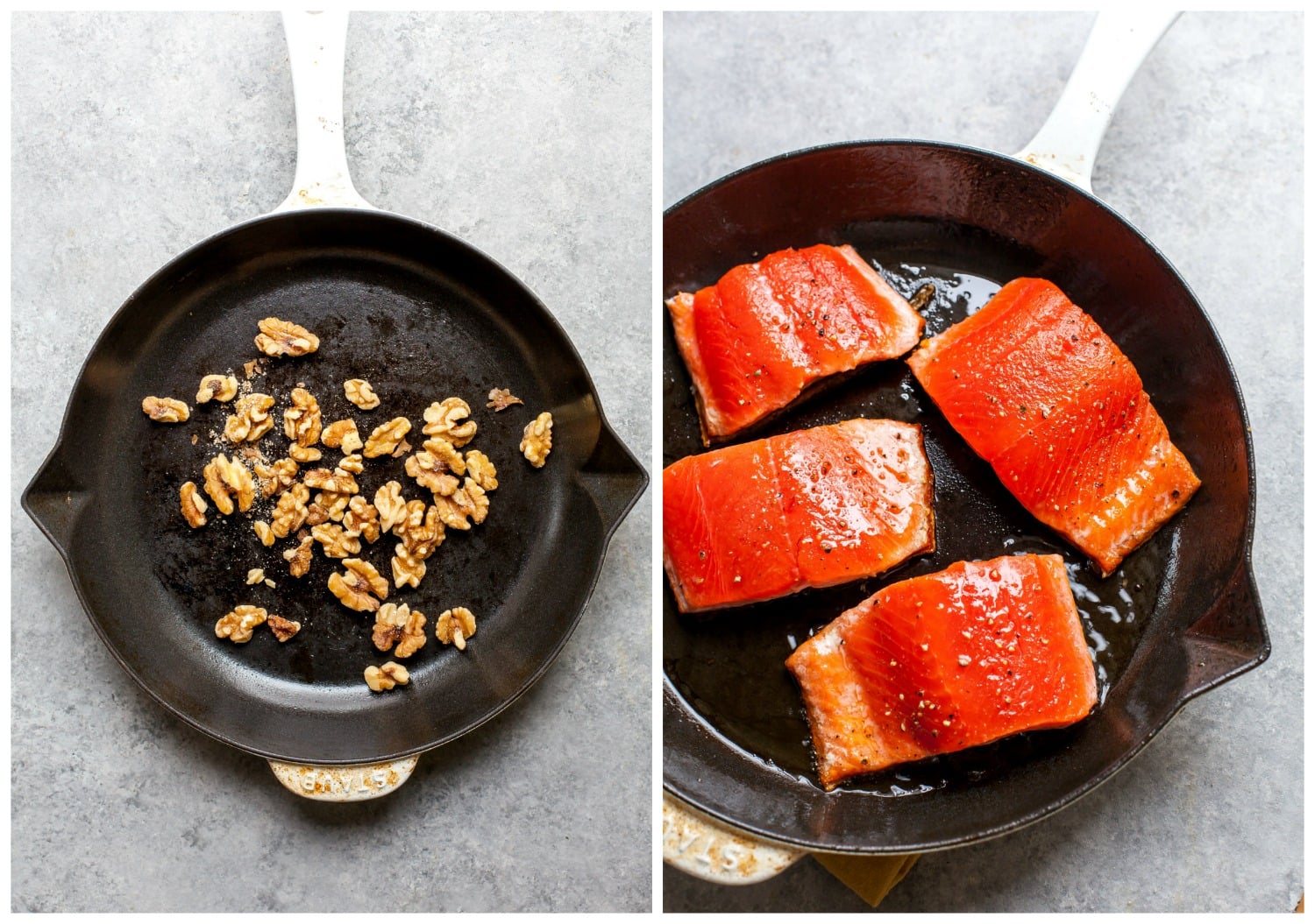 Step-by-Step instructions for cooking pan-seared salmon with walnut sauce