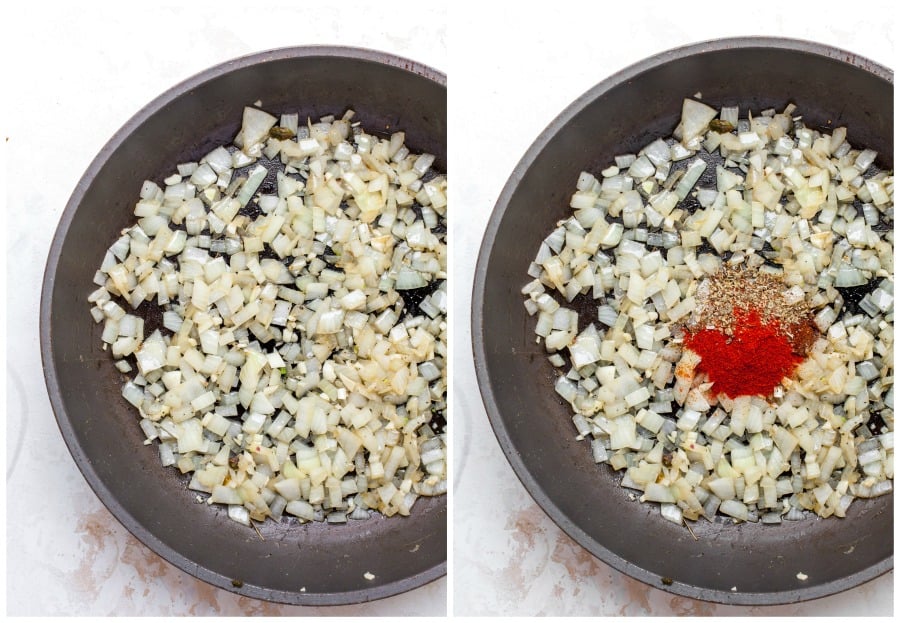 Cooking aromatics and blooming spices in a skillet