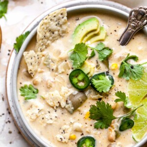 Vegetarian Enchilada Soup with white beans, chiles, and corn