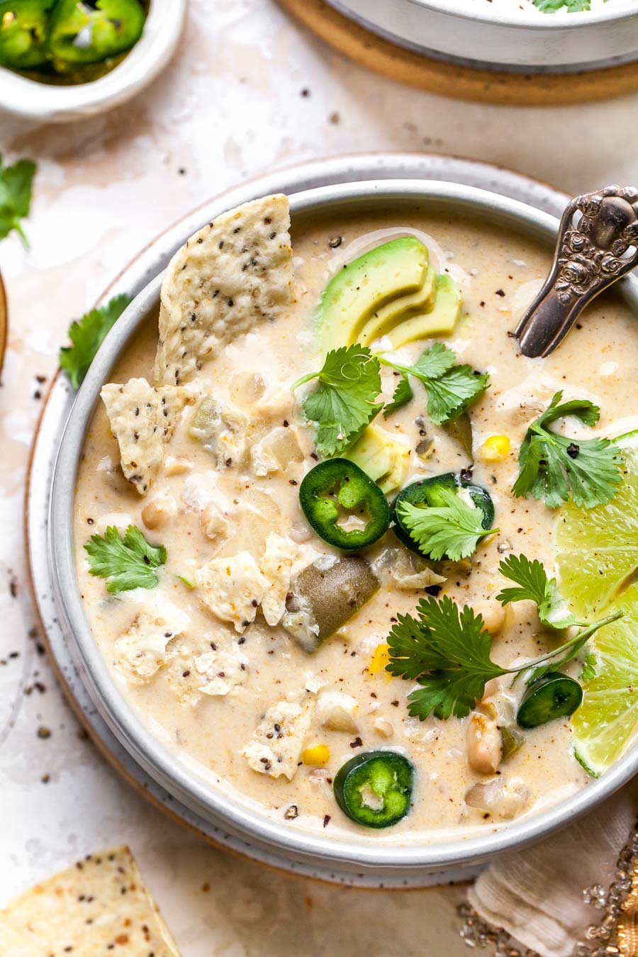 Vegetarian Enchilada Soup with white beans, chiles, and corn