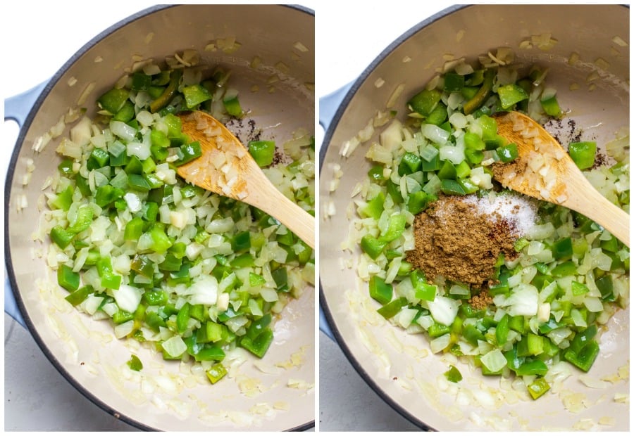 In-process shots showing cooking peppers and onions