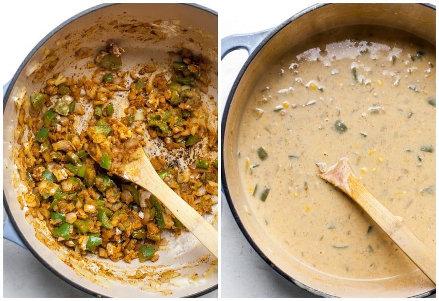 In-process shots showing making a roux for enchilada soup