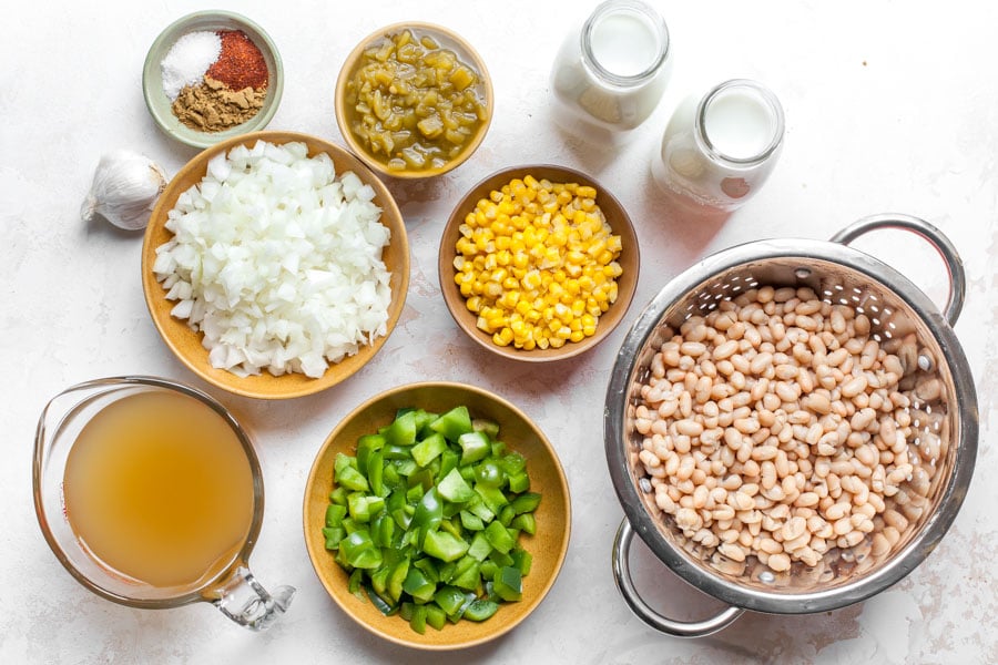 Ingredient layout showing what goes in White Bean Enchilada Soup