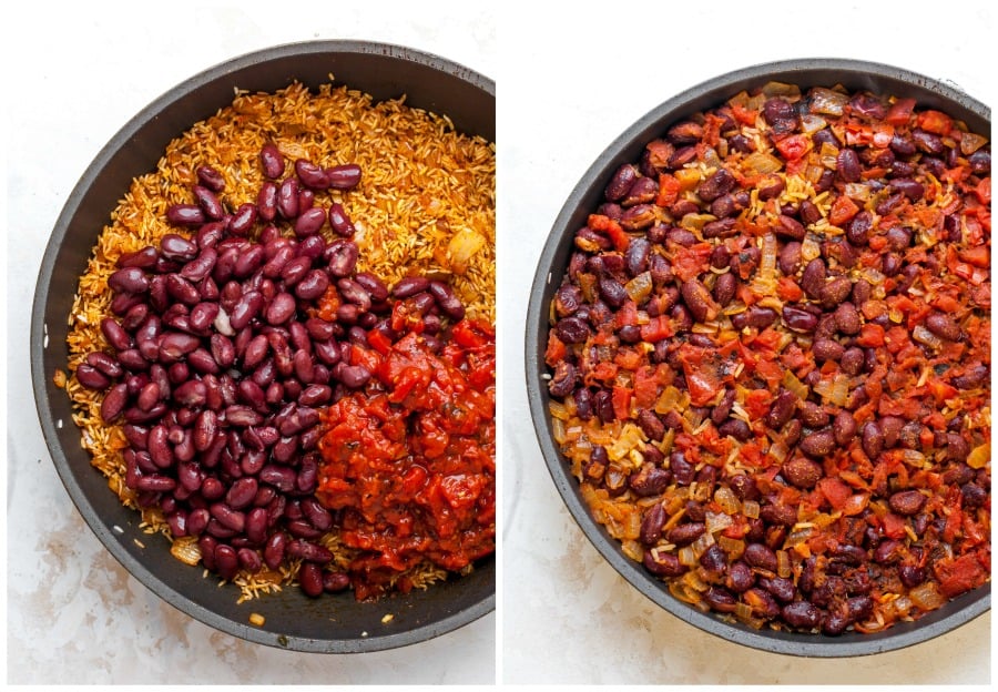 Tutorial showing Spanish Rice and Beans cooking in a skillet