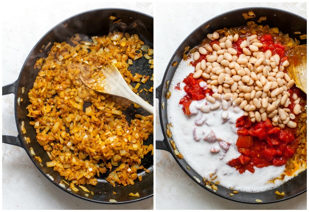 Step-by-step images showing how to make curried tomatoes and beans