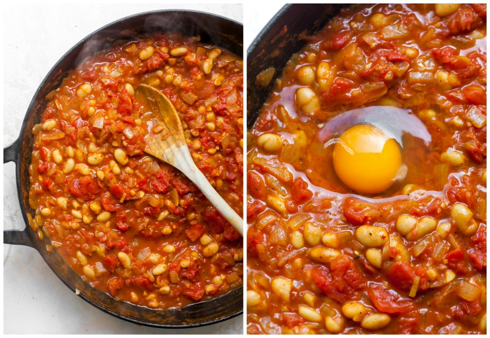 Step-by-step collage showing how to simmer stewed tomatoes and eggs