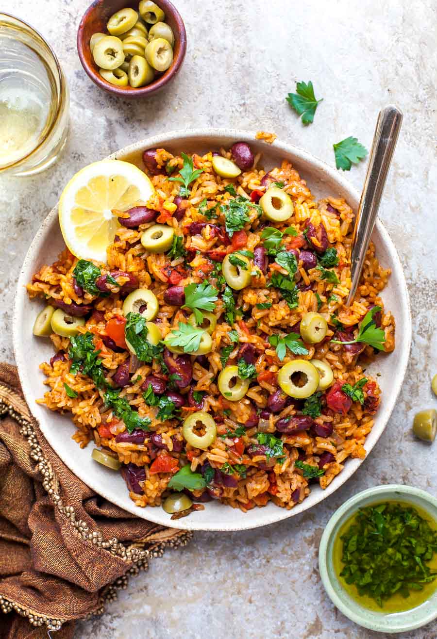 One Pot Spanish Beans and Rice with Parsley Oil